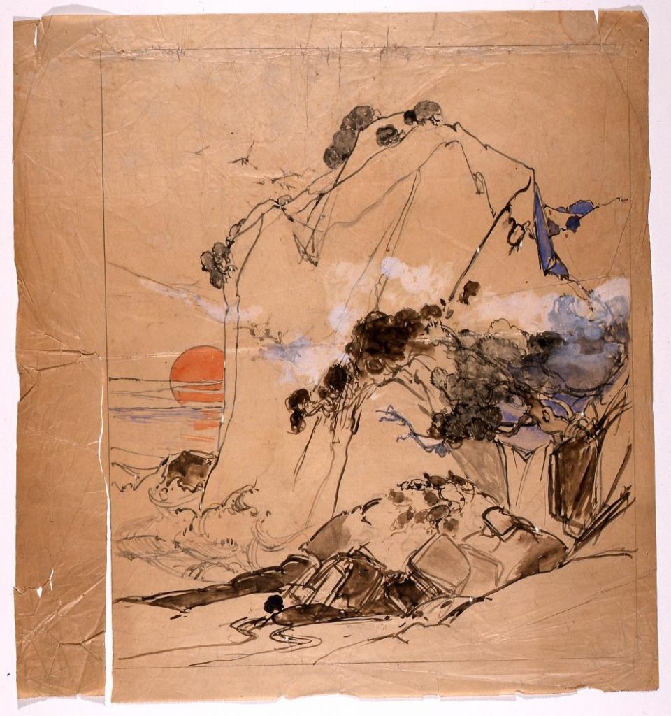 作品画像:下絵 巨岩日没図