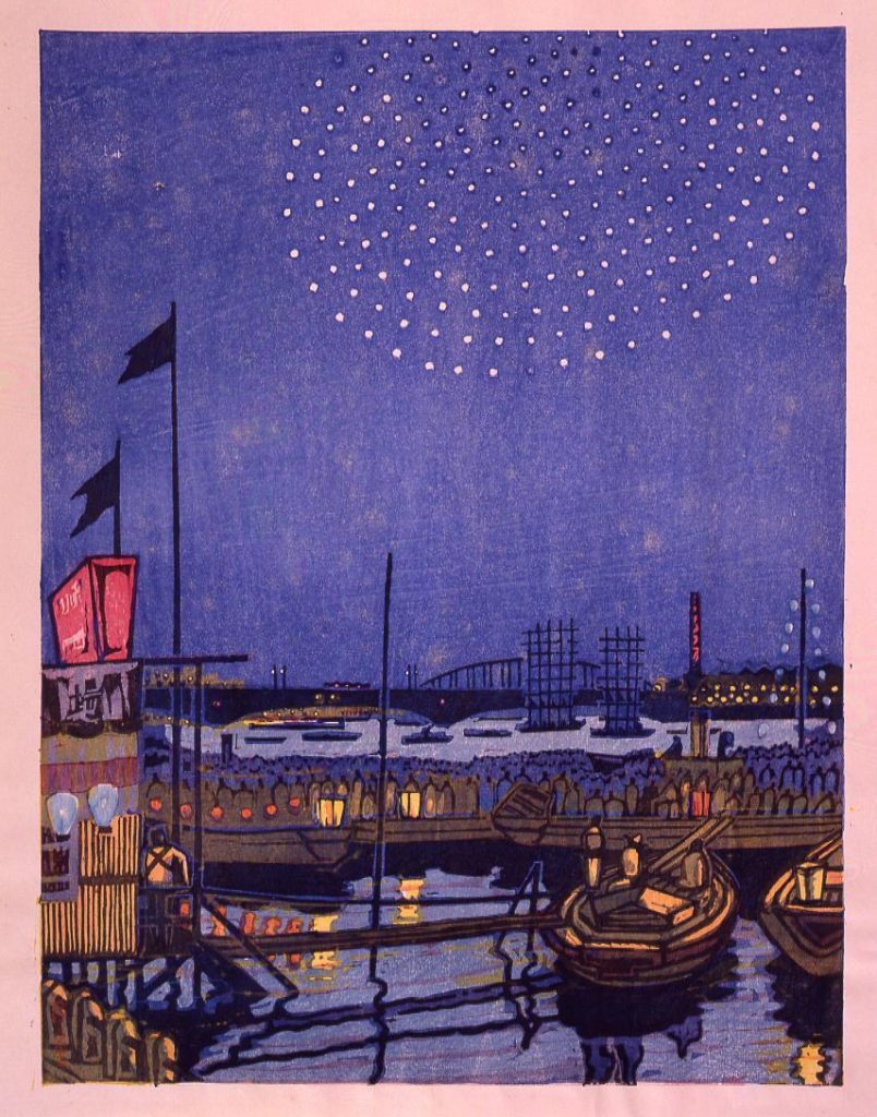 作品画像:大東京十二景の内 七月 花火の両国(隅田川)