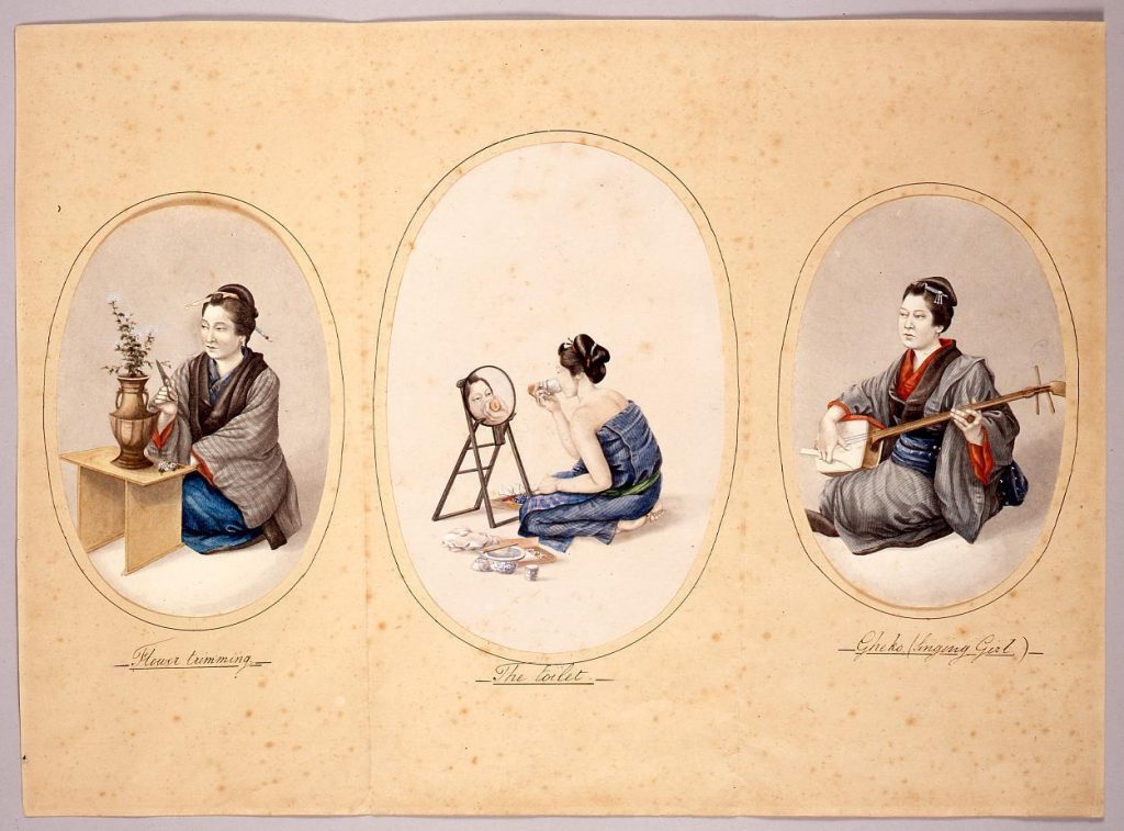 作品画像:日本人風俗絵 芸妓・化粧する女・生花する女