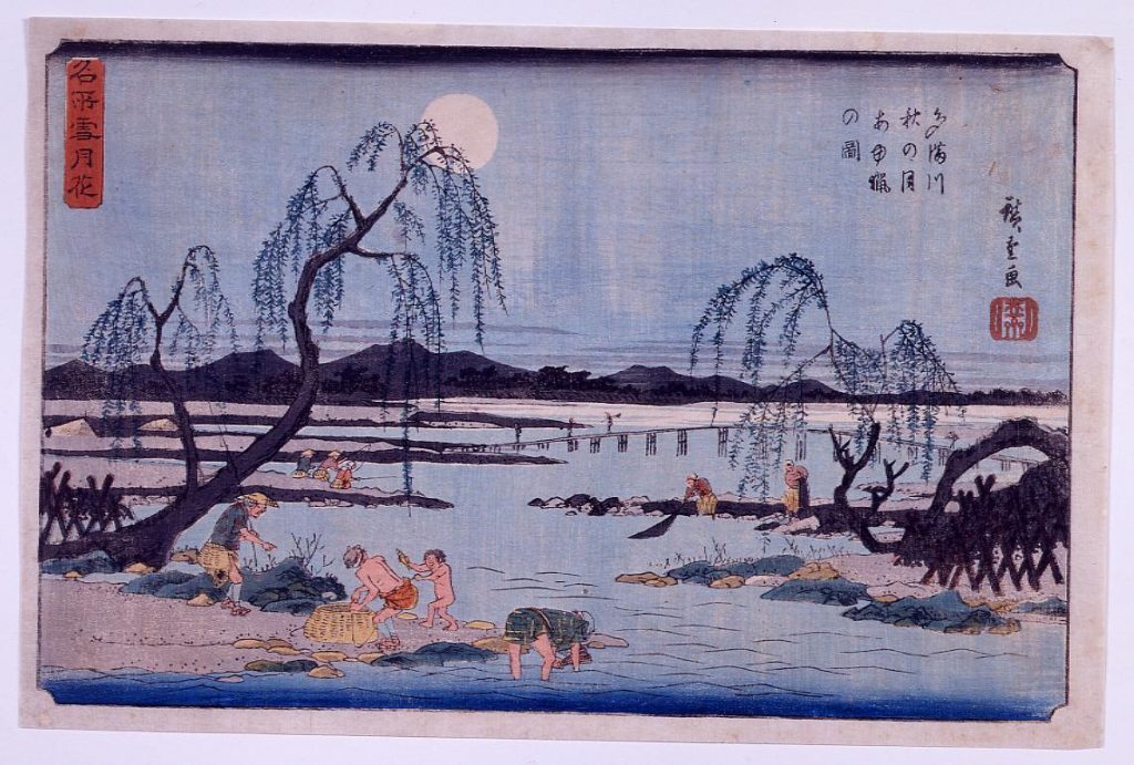 作品画像:名所雪月花 多満川秋の月あゆ猟の図
