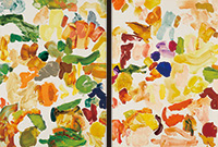 作品画像:(左)山の向こうの中腹のちっぽけな村はすでに見えなくなり、ふたたび春が巡ってきた。葡萄の木はあたかも塀の笠石の下を匍う病める大蛇のように見える。生あたたかい空気のなかを褐色の光が動きまわっていた。似たりよったりの毎日が作りだす空白は伐り残した若木まで切り倒すだろう。日々の暮らしのなかで樹木の茂みは岩のように突き出ている。
(右)自分の暮らした村がこんなに小さく思われたことはない。太陽が姿をみせた。背の高いポプラの林は風に吹き動かされる砂浜のような格好をしている。切れ目のないその連続を見ているだけで眼がくらんでくる。変り映えしない日々の連続に酔うことができたなら象や蛇をしとめた気にもなれる。蝶が舞うようにそんな風に彼はものを識ったのである。