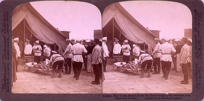 作品画像:Russian Red Cross service in the Far East―bringing the wounded toA temporary hospital.