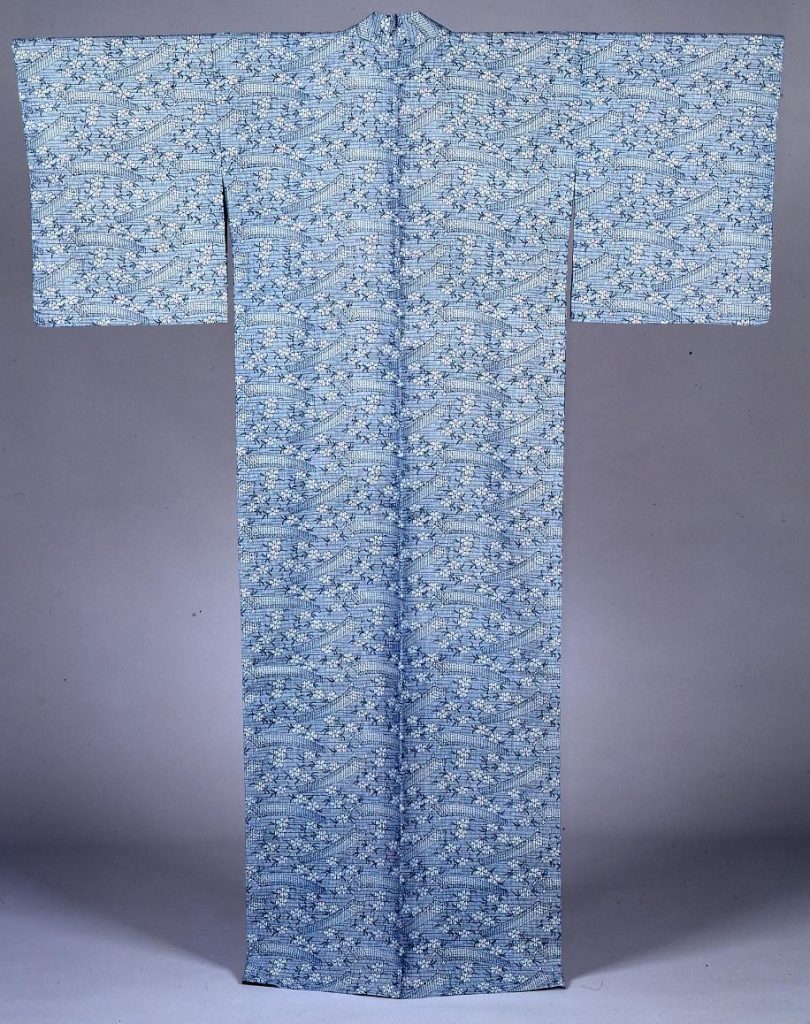 作品画像:長板中形ゆかた 縞地霞に琴と桜