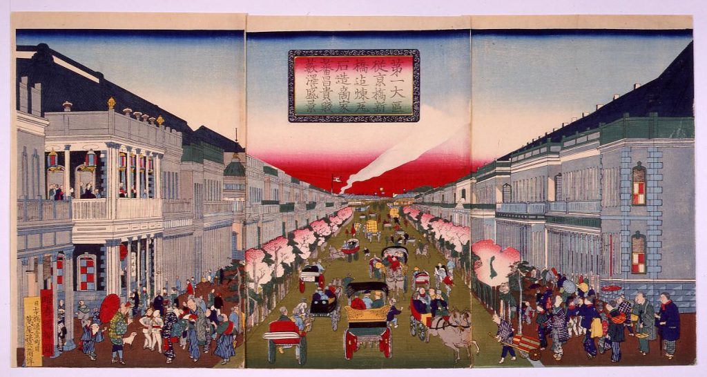 作品画像:第一大区従京橋新橋迄煉瓦石造商家蕃昌貴賎薮沢盛景