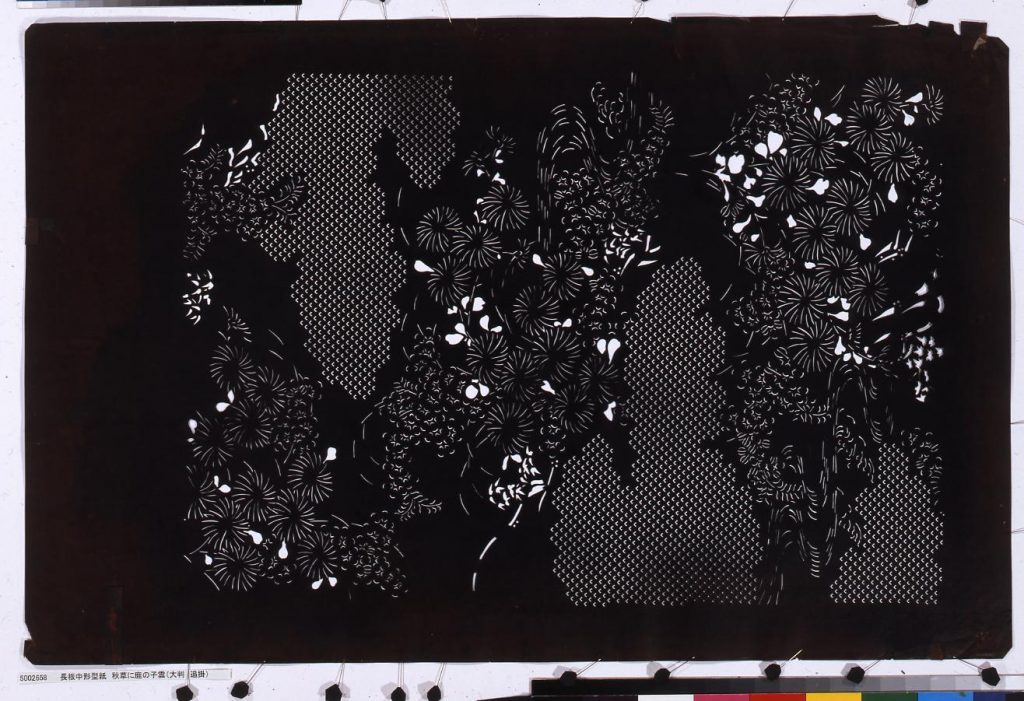 作品画像:長板中形型紙 秋草に鹿の子雲(大判 追掛)