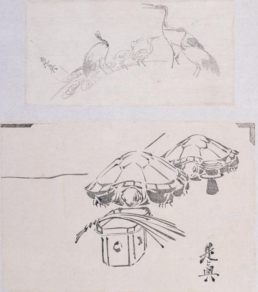 作品画像:墨版貼交 鶴、亀