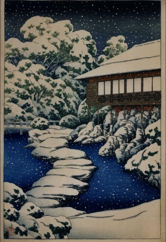 作品画像:三菱深川別邸の図 池畔客室の雪