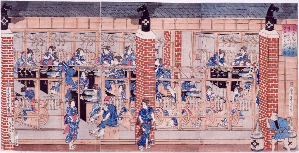 作品画像:東京築地舶来ぜんまい大仕かけ きぬ糸を取る図