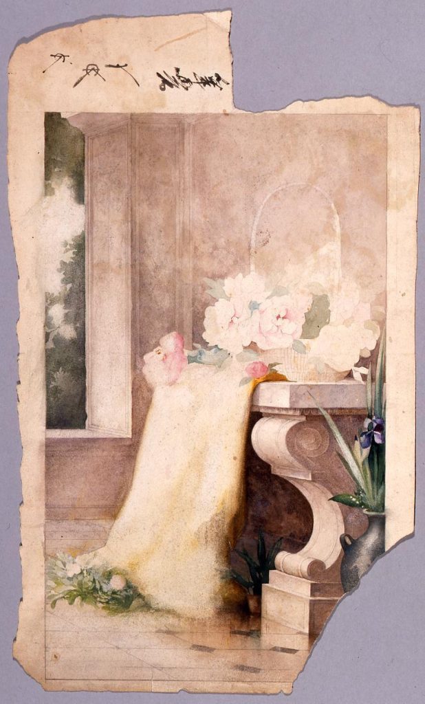作品画像:水彩画 花籠のある室内