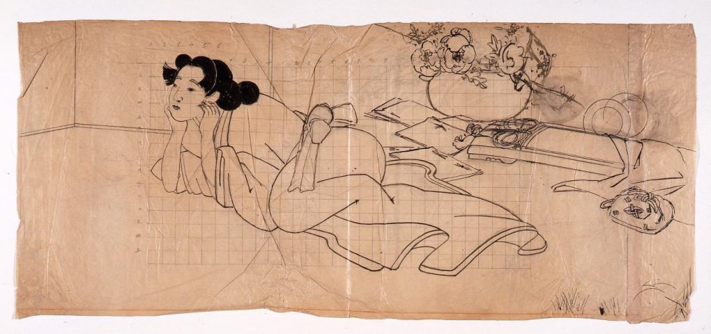 作品画像:下絵 人物(女性・琴・巾着・花器)