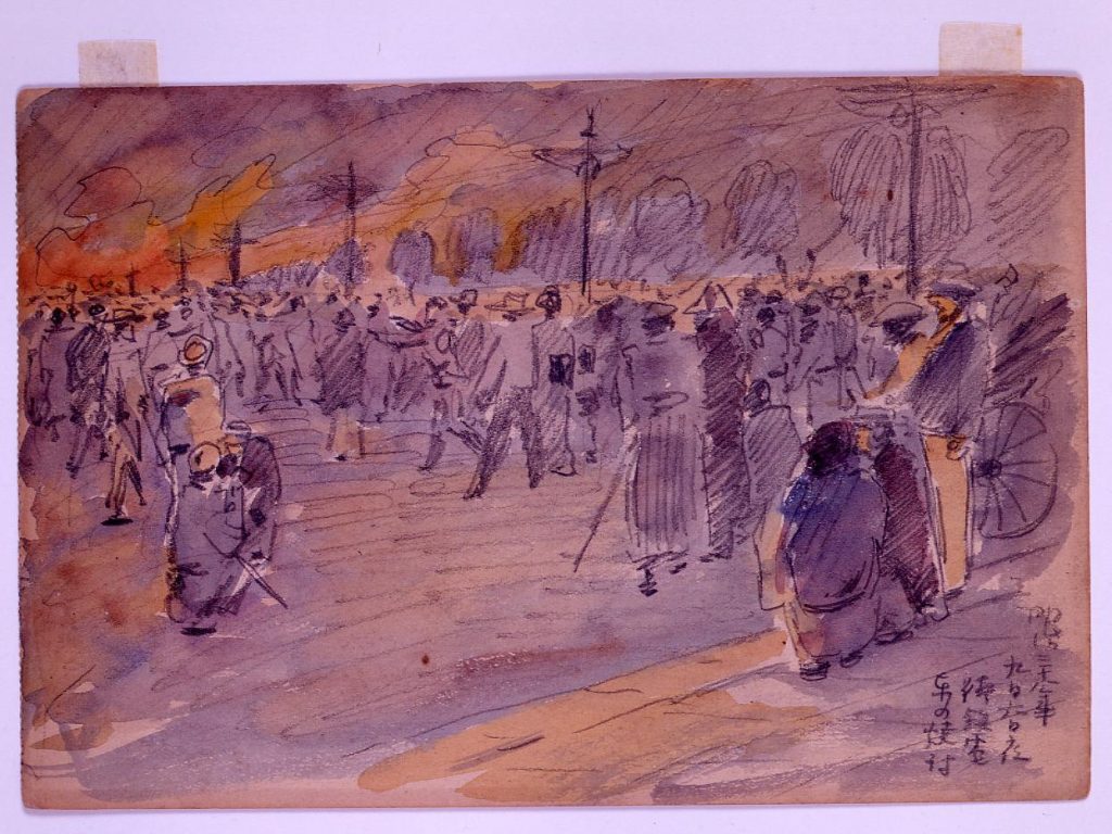 作品画像:日比谷焼打事件スケッチ 明治三十八年九月六日夜街鉄電車の焼打