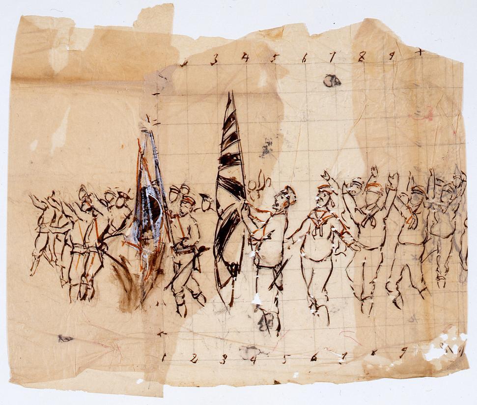 作品画像:下絵 「振天府」(旭日旗を掲げる日本軍)