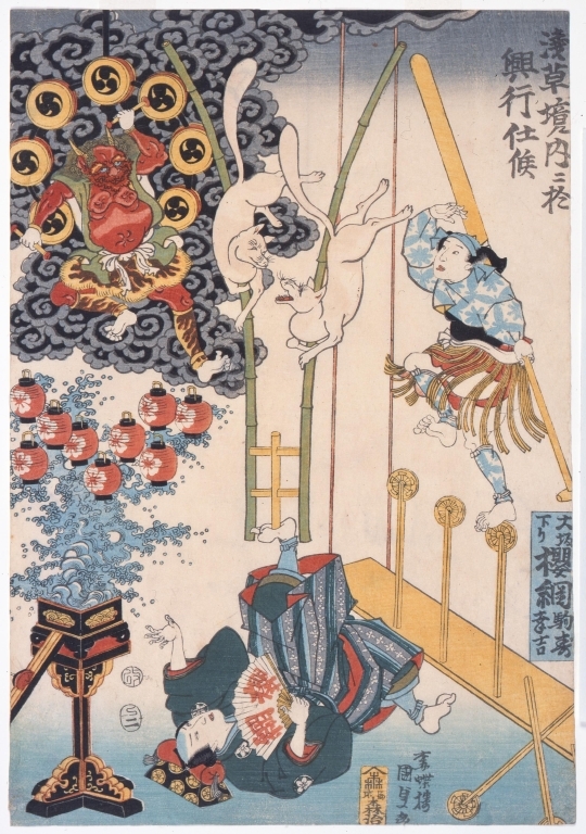 作品画像:大坂下り桜綱駒寿 桜綱幸吉 浅草境内において興行仕候(車輪渡りと雷の曲)