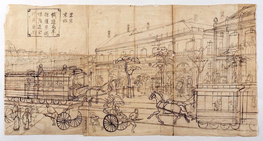作品画像:鉄道馬車往復京橋煉瓦造之竹河岸図 下絵