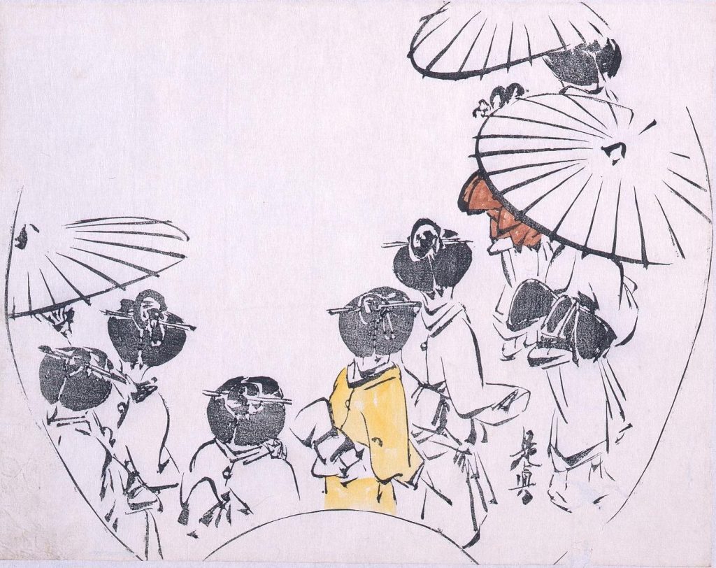 作品画像:着色墨版 団扇絵 女中行列
