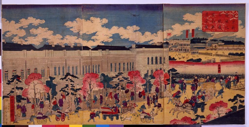 作品画像:東亰新橋煉化石鉄道蒸気車真景図