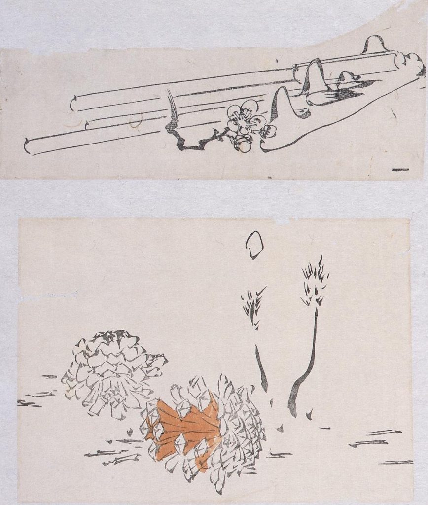 作品画像:着色墨版貼交 玩具と梅花、松笠