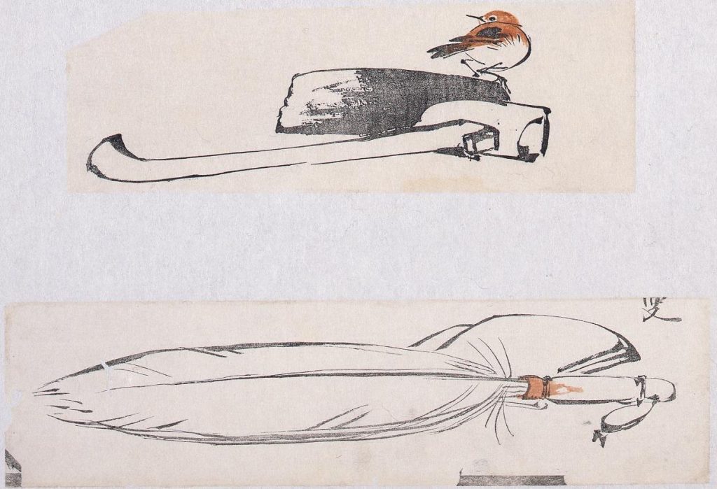 作品画像:着色墨版 鍬に小鳥、羽箒