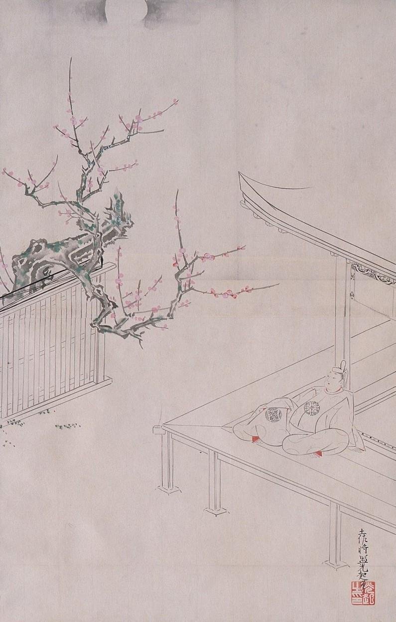 Reproduction of Mitsuoki's Painting : A Person of High Standing Viewing Japanese Plum Flowers (Shibata Zeshin's Sketch)