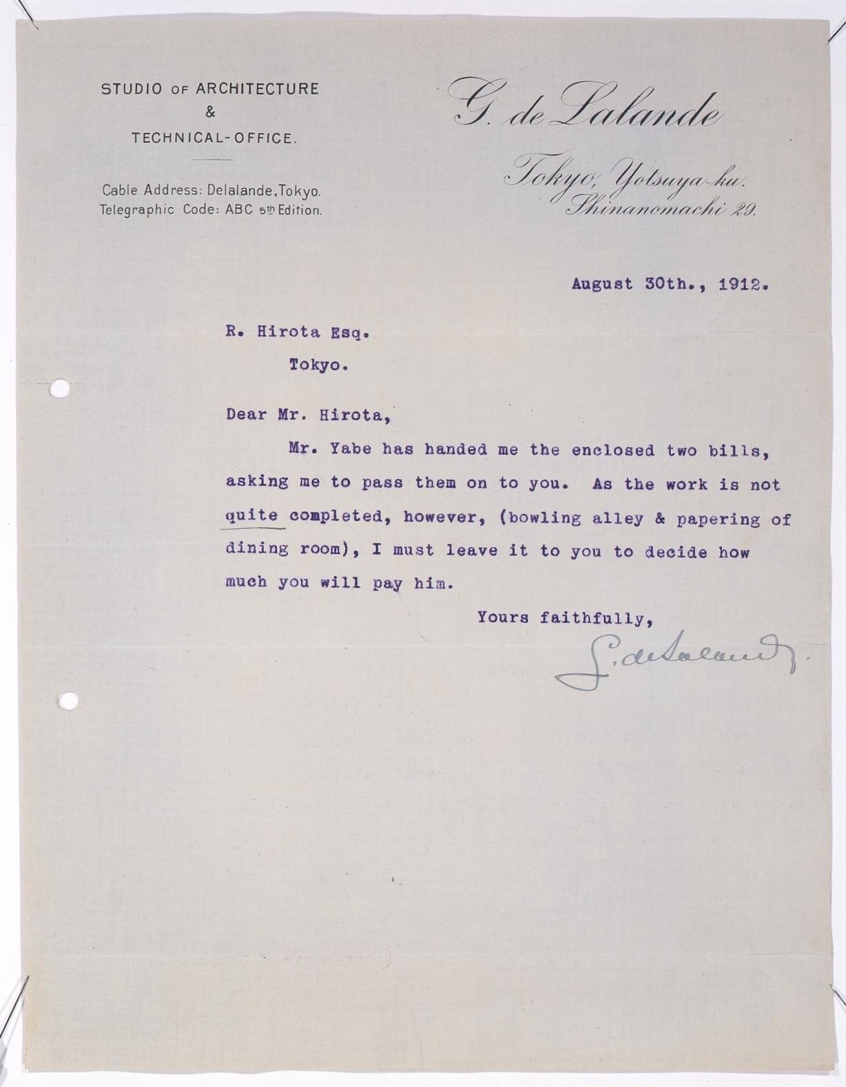 デ・ラランデ書簡(矢部建築事務所からの請求書他)