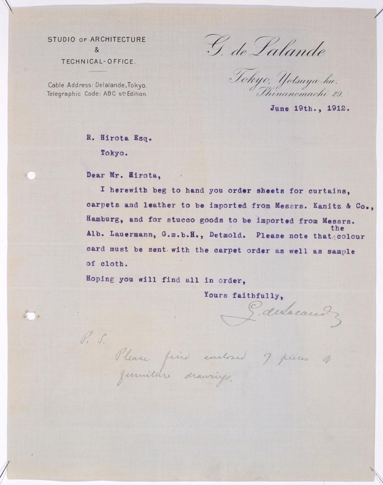 Correspondence to Hirota Ritaro from de Lalande with Details on Imported Curtains, Carpets, and Cloth Samples (Object from Hirota Ritaro Residence, Book 2)