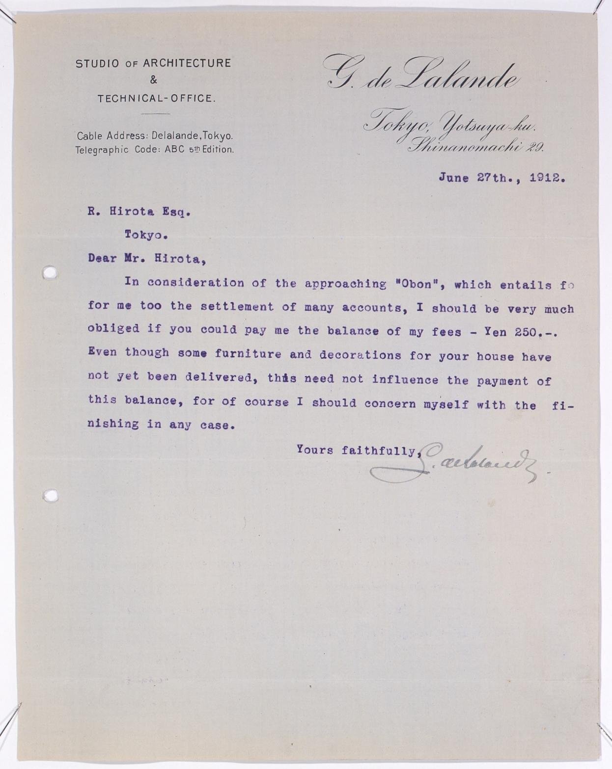 Correspondence to Hirota Ritaro from de Lalande Requesting Payment of Balance (Object from Hirota Ritaro Residence, Book 2)