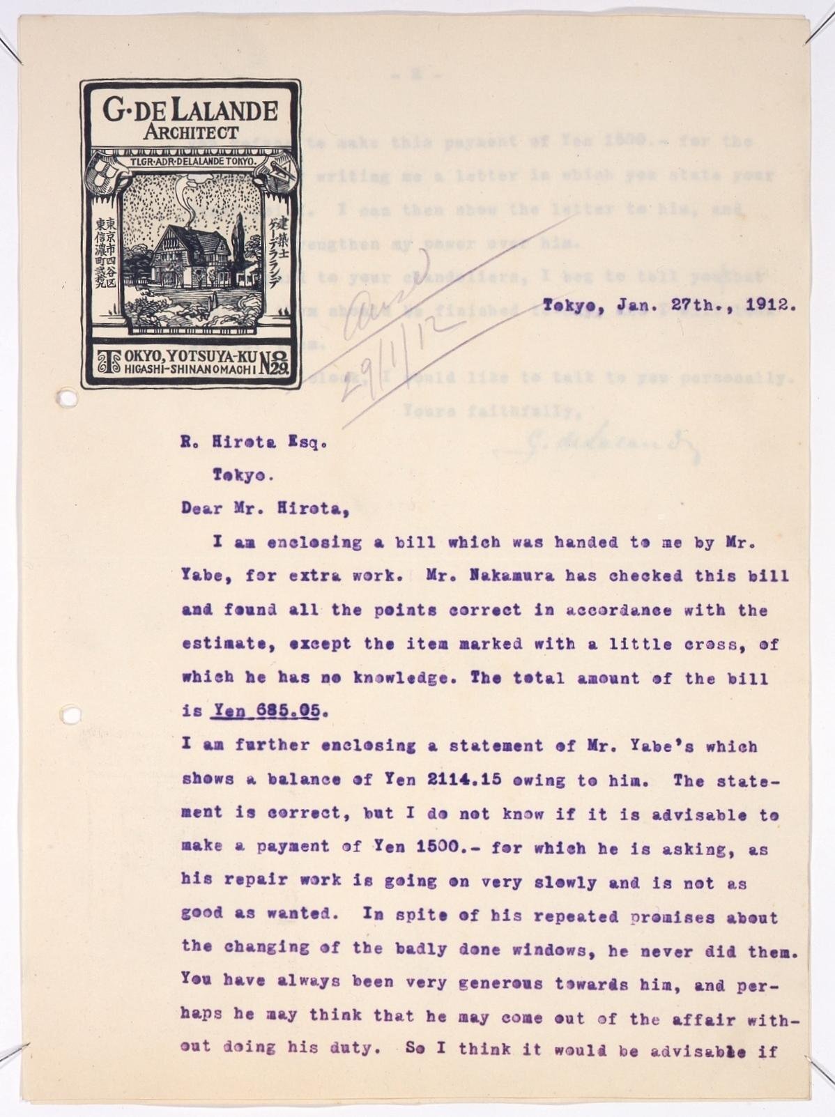 Correspondence to Hirota Ritaro Explaining the Details of Construction Charges (Object from Hirota Ritaro Residence, Book 1)
