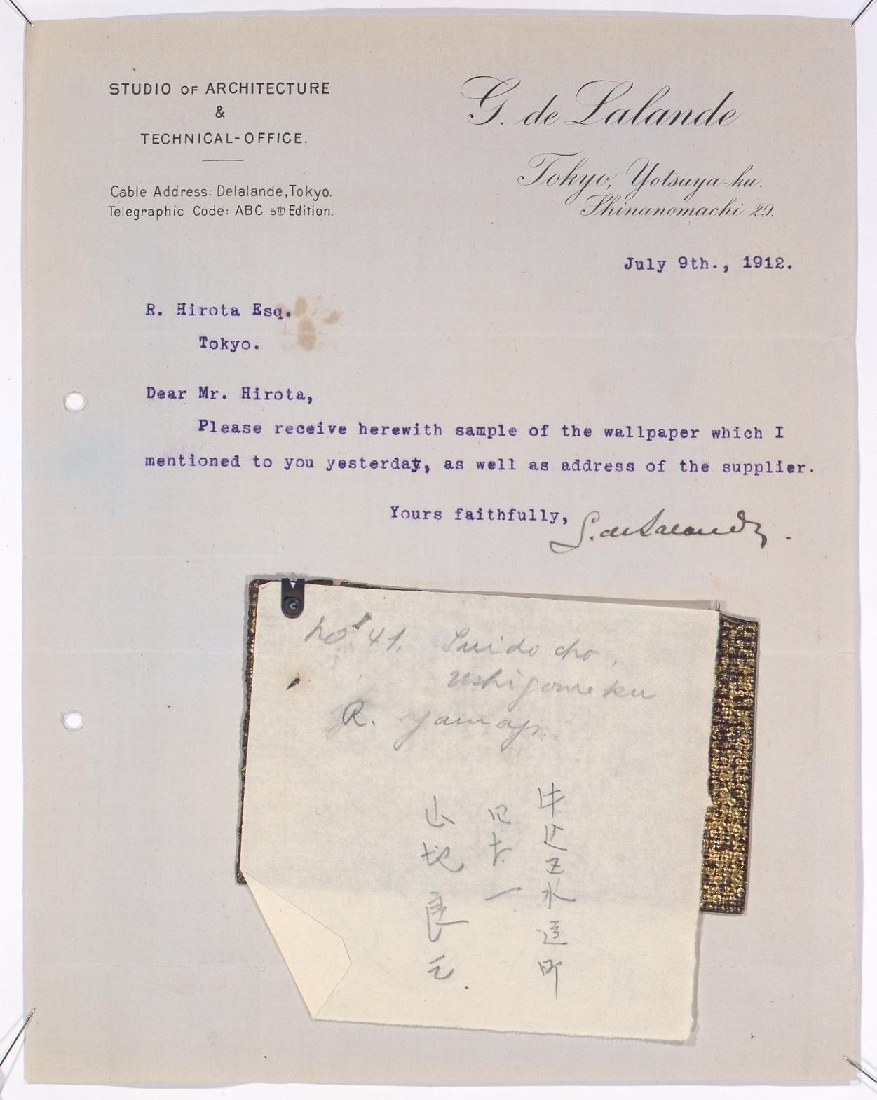 Correspondence to Hirota Ritaro Regarding Sending of Wallpaper Sample (Object from Hirota Ritaro Residence, Book 2)