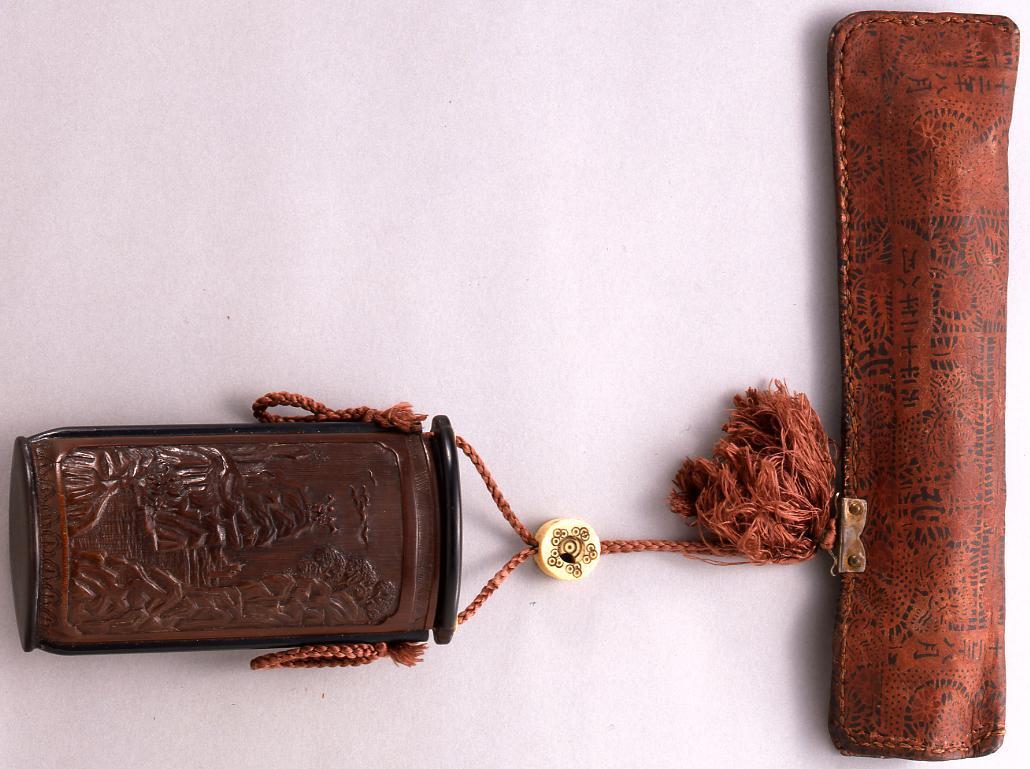 Tobacco Caddy with Carving of Landscape with Human Figure