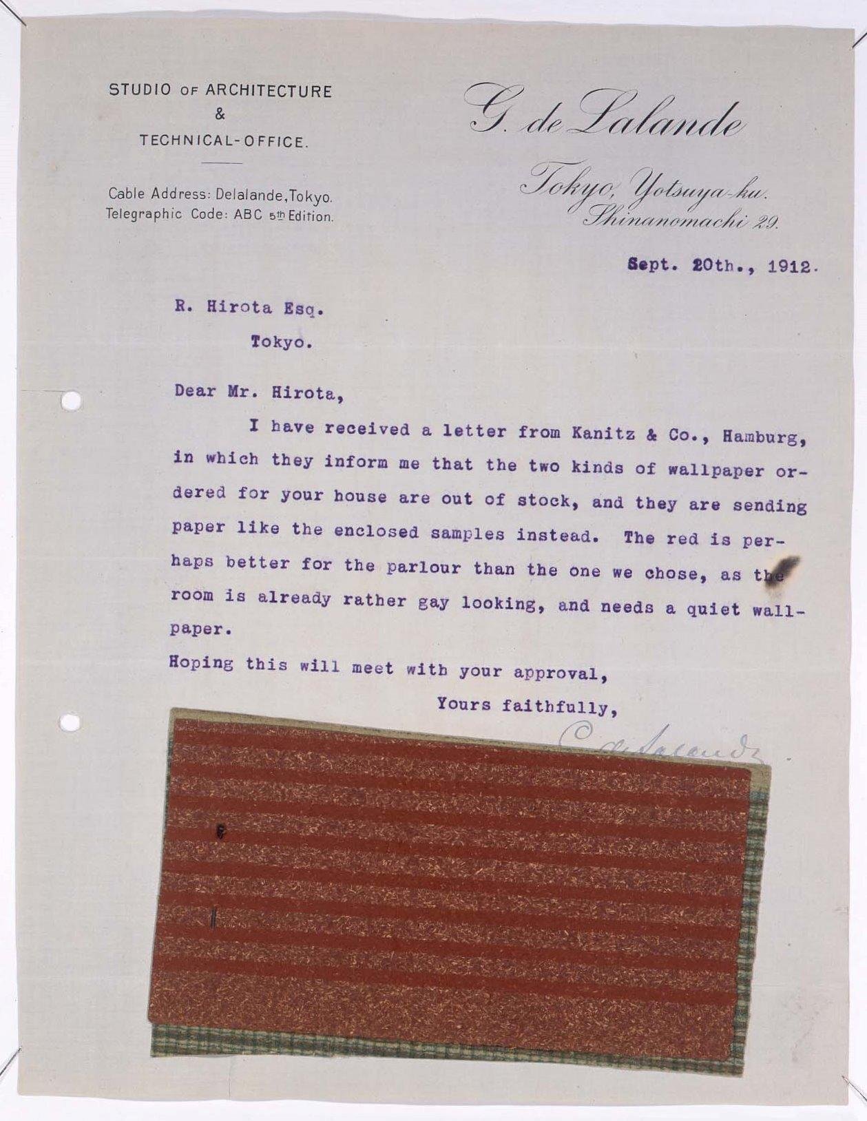 Correspondence to Hirota Ritaro Regarding Sending of Guest Room Wallpaper Sample and Urging a Decision (Object from Hirota Ritaro Residence, Book 2)