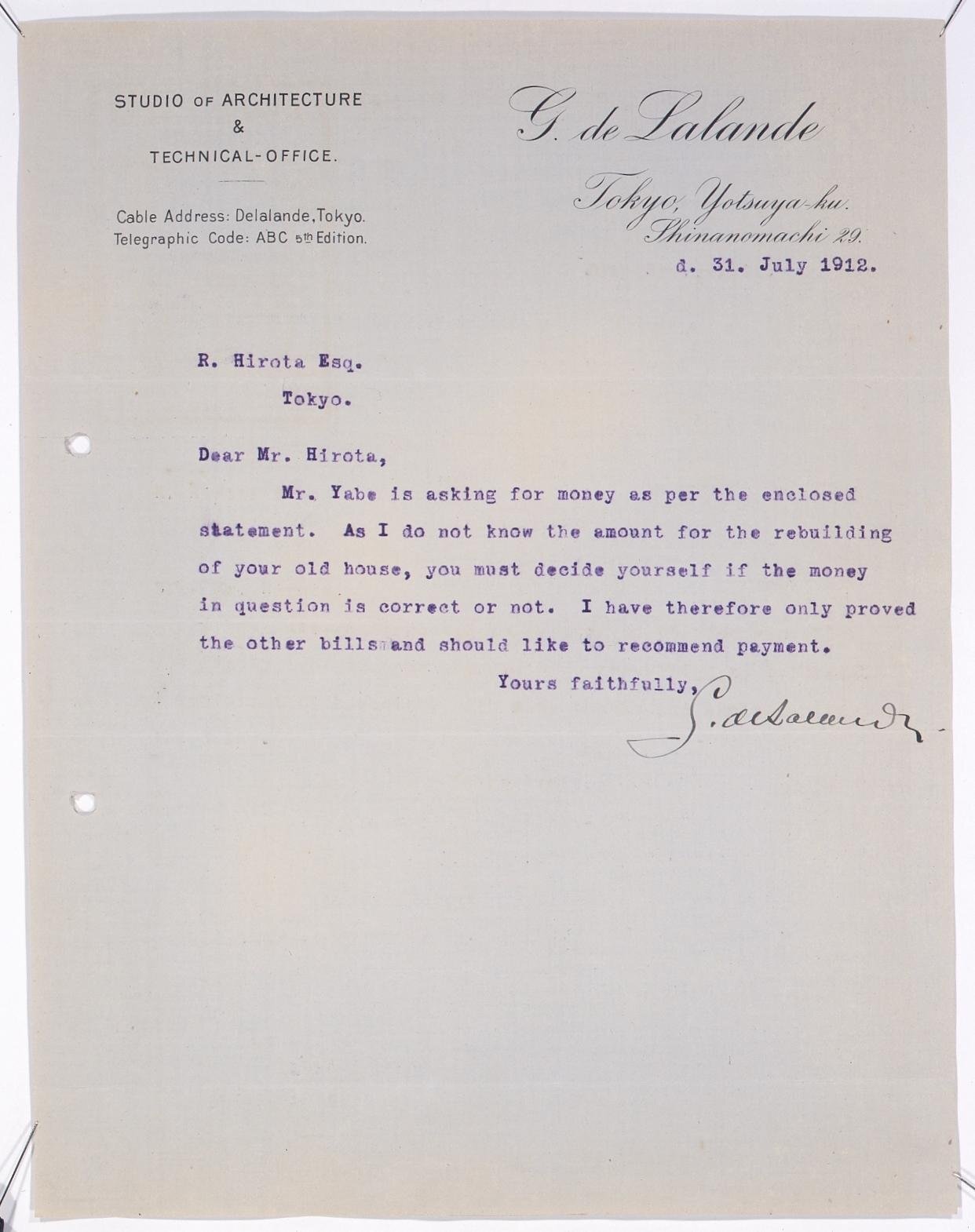 Correspondence to Hirota Ritaro Regarding Bill for Rebuilding of Former Residence (Object from Hirota Ritaro Residence, Book 2)