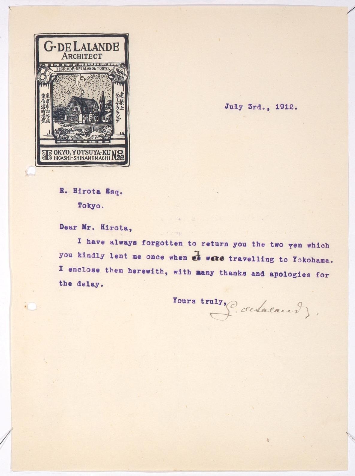 Correspondence to Hirota Ritaro from de Lalande Regarding Return of Loaned Money (Object from Hirota Ritaro Residence, Book 2)
