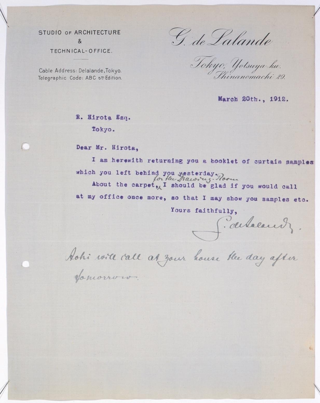 Correspondence to Hirota Ritaro Accompanying Samples Curtains and Carpets (Object from Hirota Ritaro Residence, Book 1)