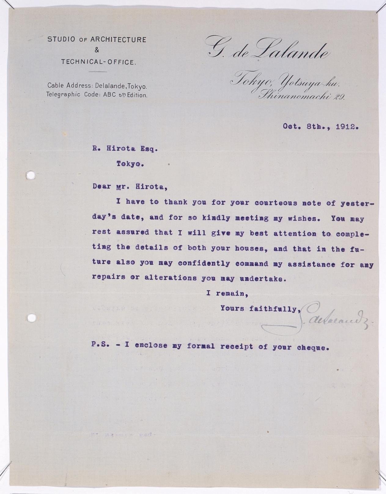 Correspondence to Hirota Ritaro Communicating Assurance of Completion of the Hirota Residence and Enclosure of a Receipt (Object from Hirota Ritaro Residence, Book 2)