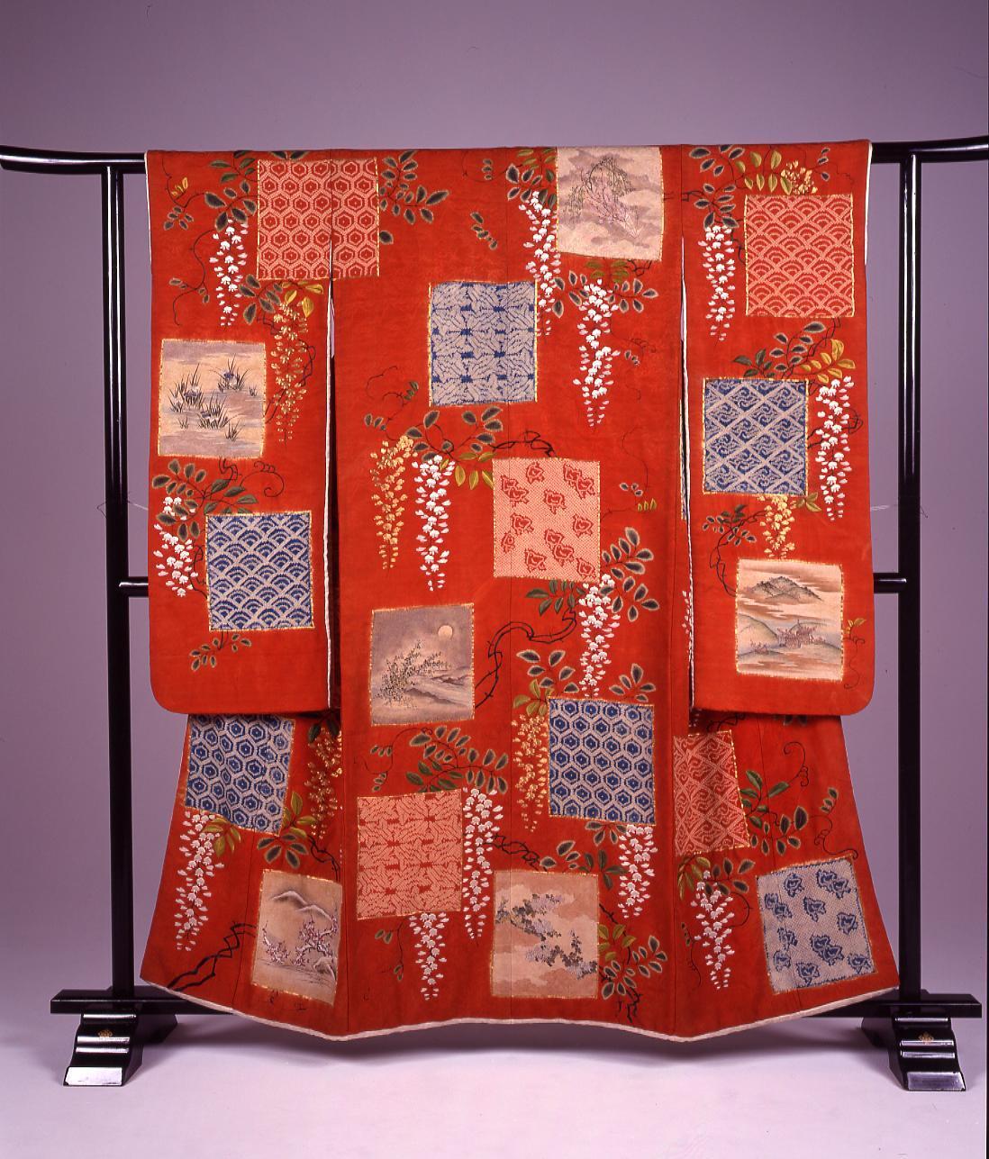 緋綸子地藤花十二ケ月色紙文様染繍絞振袖 | ToMuCo - Tokyo Museum 