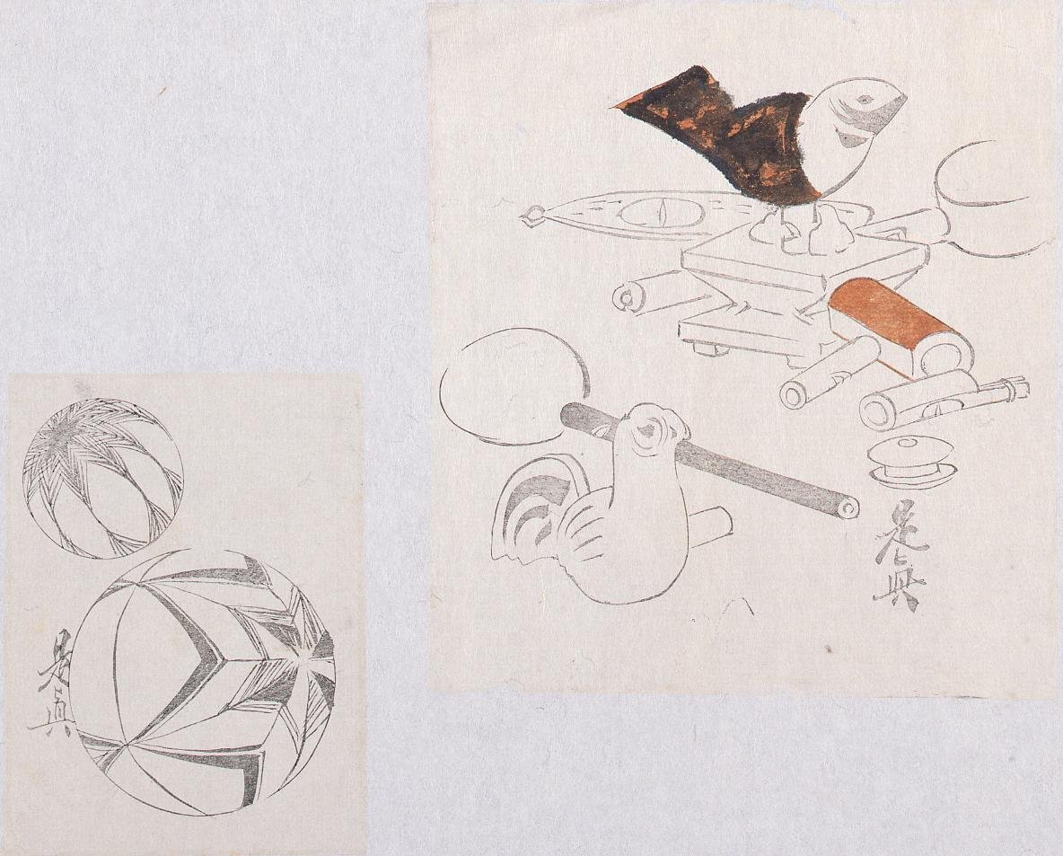 Colored Black Print: Pigeon Whistles and Temari (A Traditional Japanese Handballs) (Shibata Zeshin's Block Print, Black Print, Other Prints)