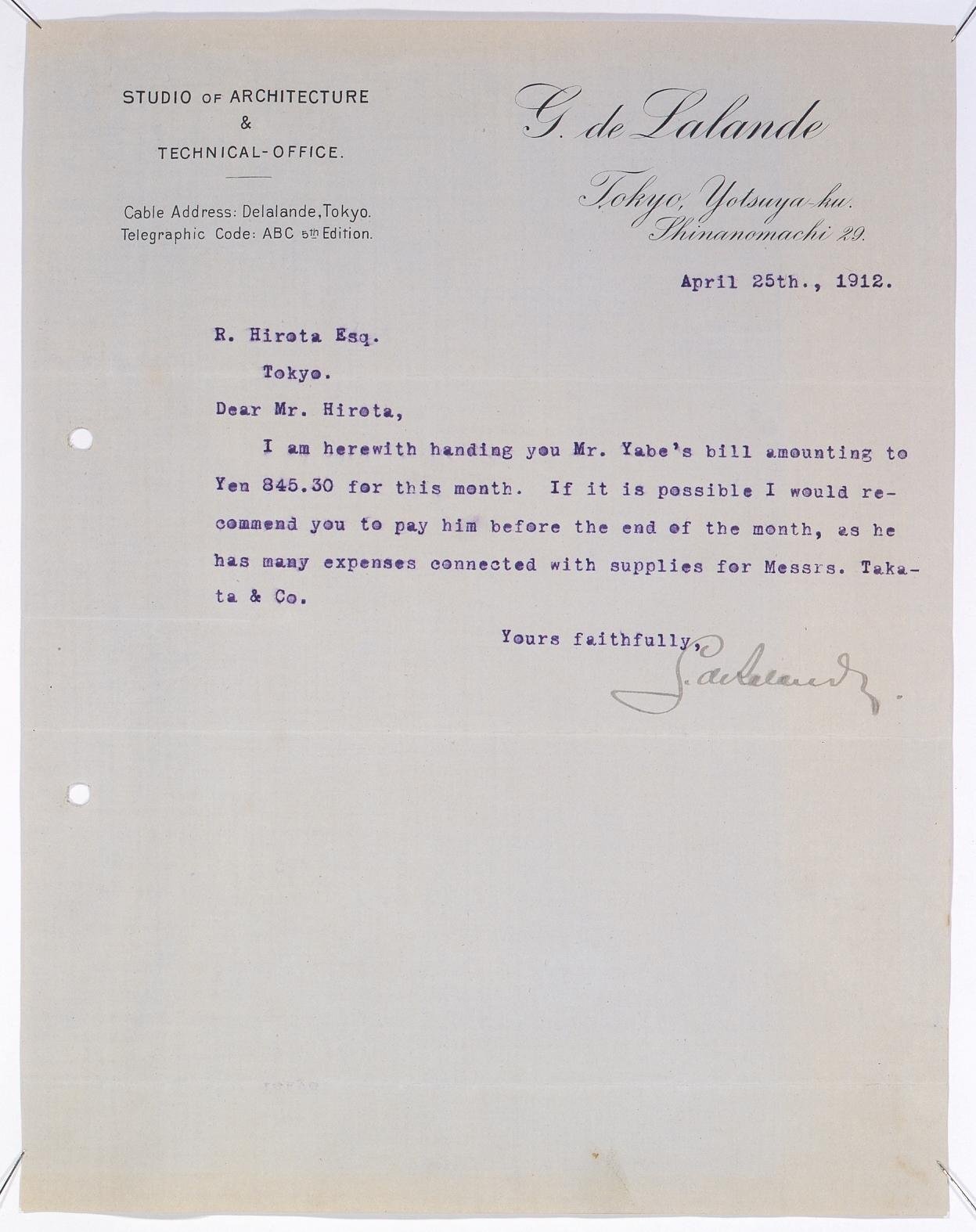 Correspondence to Hirota Ritaro from de Lalande Requesting Payment to Yabe Architect Office (Object from Hirota Ritaro Residence, Book 2)