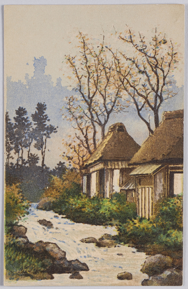 作品画像:農村の家と小川(風景水彩画)