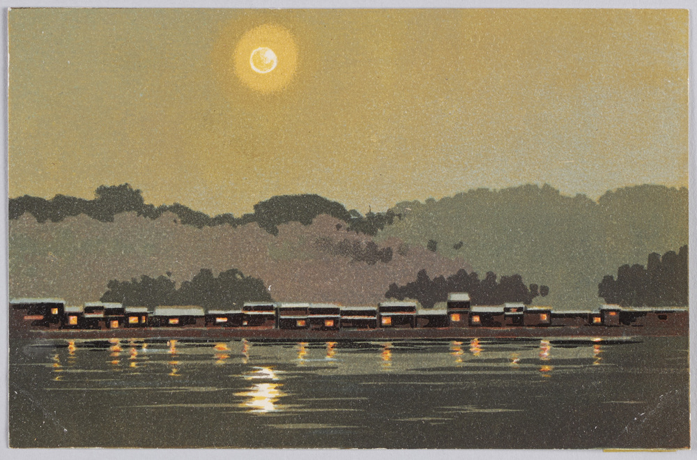 作品画像:月夜の水辺風景水彩画