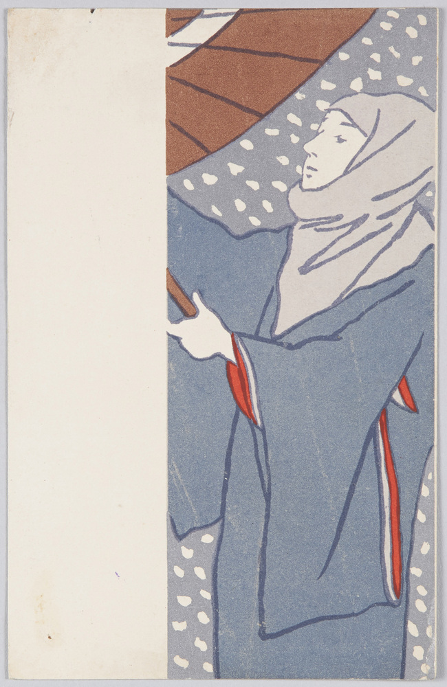 作品画像:傘を差す頭巾の女性と雪