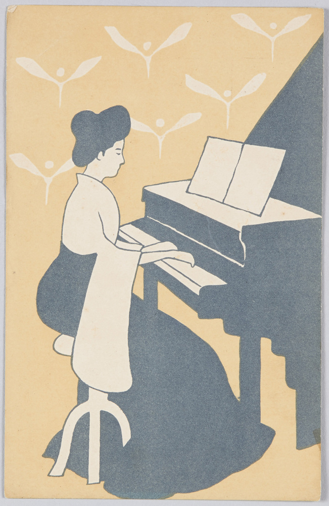 作品画像:ピアノを弾く女性(「クリスマスエハガキ」より)