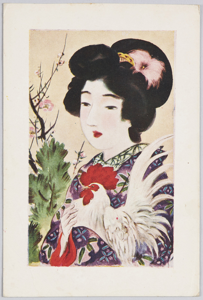 作品画像:鶏を抱く和装女性