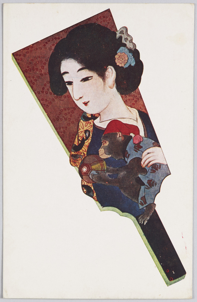 作品画像:紙風船を持つ猿を抱く和装女性(羽子板)