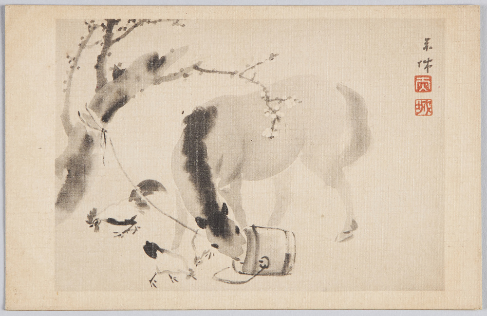 作品画像:馬と鶏(水墨画)