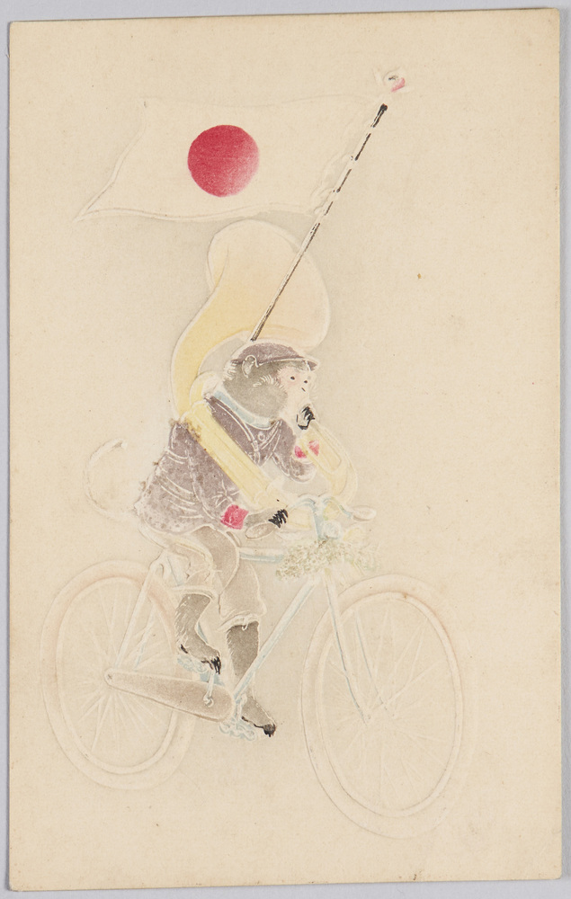 作品画像:自転車に乗り楽器を吹く猿