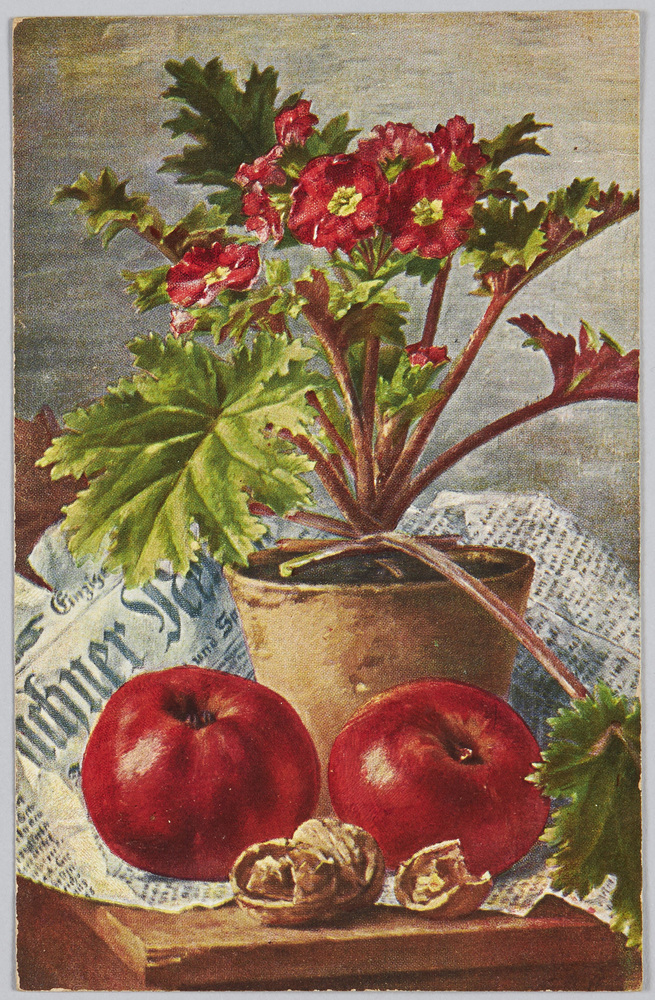 作品画像:鉢植えの花とリンゴとクルミ(外国製)