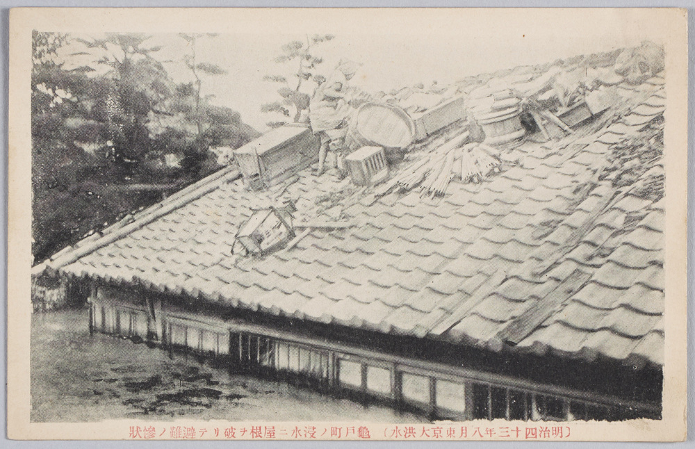 作品画像:〔明治四十三年八月東京大洪水〕亀戸町ノ浸水二屋根ヲ破リテ避難ノ惨状