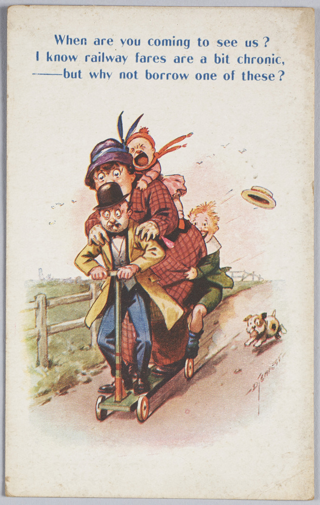 作品画像:スケートボードに乗る家族(When are you coming to see us? I know railway fares are a bit chronic -but why not borrow one of these?)