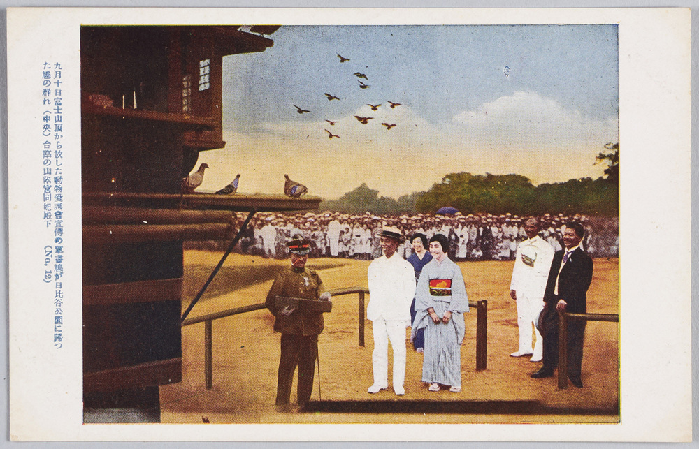 作品画像:九月十日富士山頂から放した動物愛護会宣伝の軍書鳩が日比谷公園に帰った鳩の群れ(中央)台臨の山階宮同妃殿下(No 12)