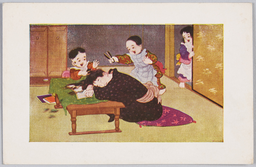 作品画像:子供のいたずら (4)居眠りしている書生の髪を切る